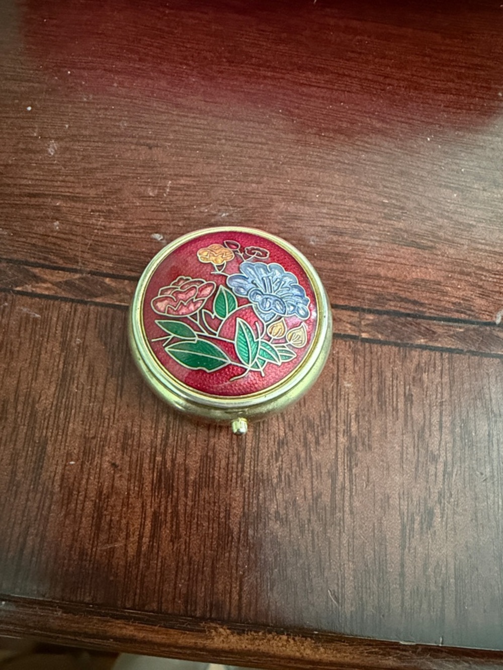 Floral Enamel Round Trinket Box - Pill Container, Red, Green, Blue